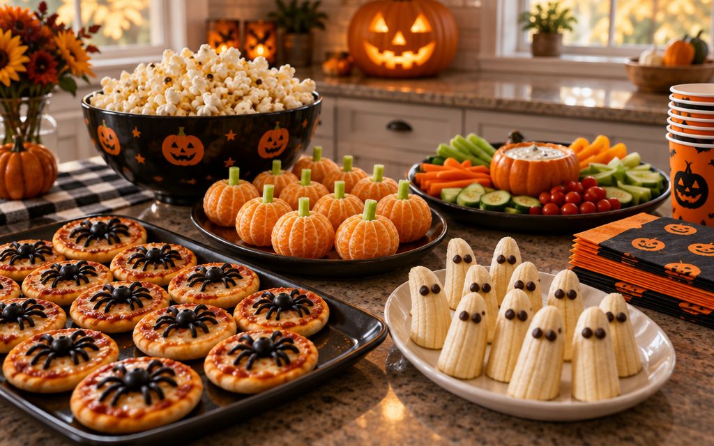 A kitchen counter set for a kids' Halloween party: a tray of mini pizzas with olive spiders, clementines made to look like pumpkins, banana ghosts, a bowl of popcorn and vegetables with dip in a small pumpkin