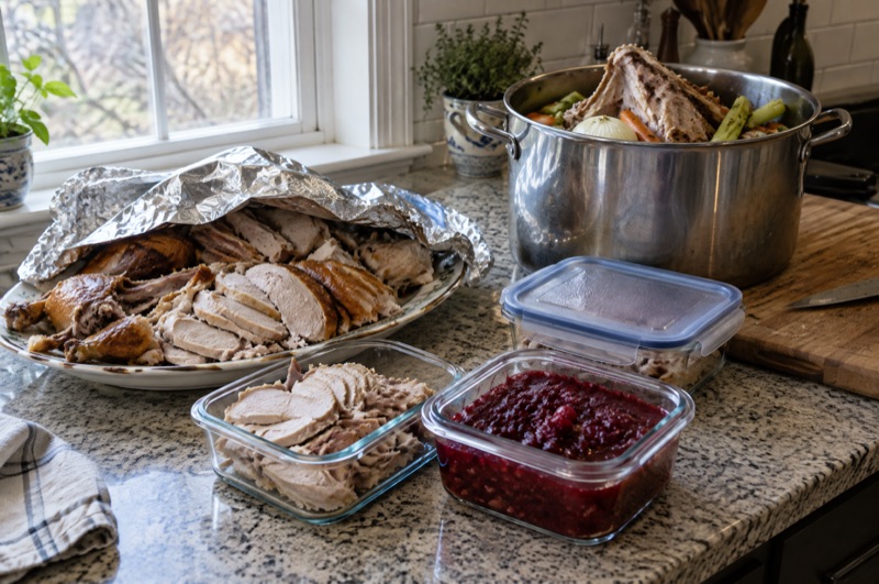 Carved leftover turkey under foil, containers of turkey and cranberry sauce, and a stockpot with the turkey carcass