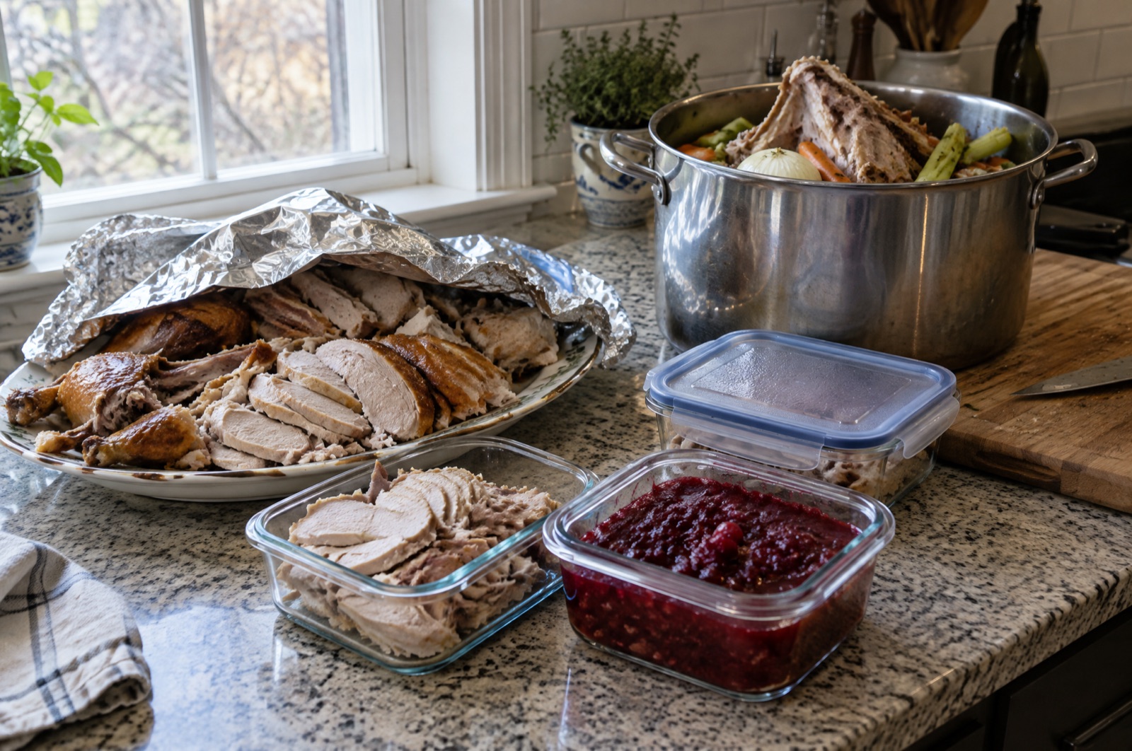 A kitchen counter the day after Thanksgiving: a platter of carved turkey half under foil, glass containers of sliced turkey and cranberry sauce, and a stockpot holding the turkey carcass with onion, carrot and celery