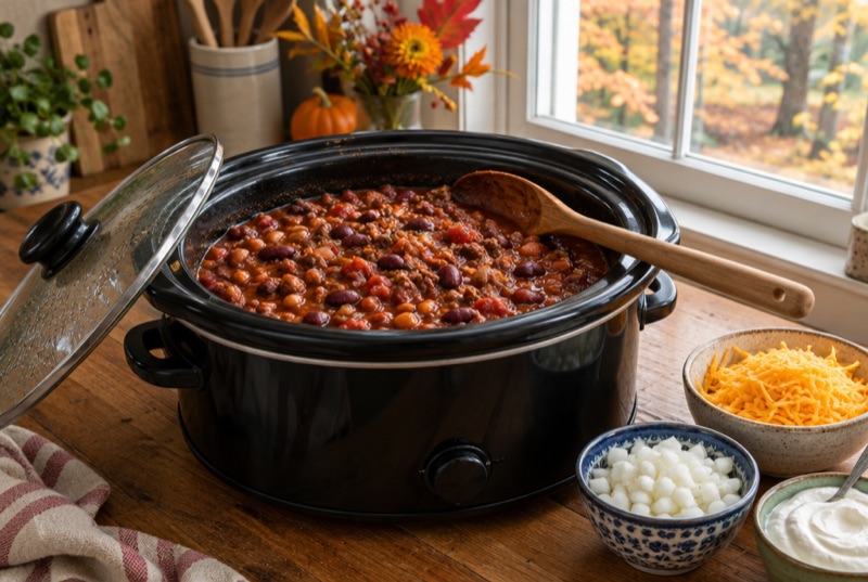 A full pot of beef and bean chili with bowls of cheddar, onion and sour cream on a kitchen counter