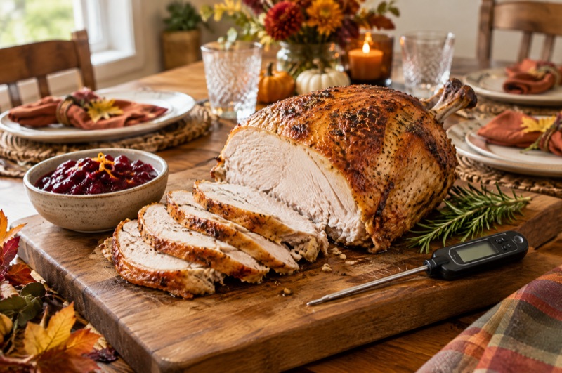 A roasted bone-in turkey breast on a carving board with a few slices cut and an instant-read thermometer beside it
