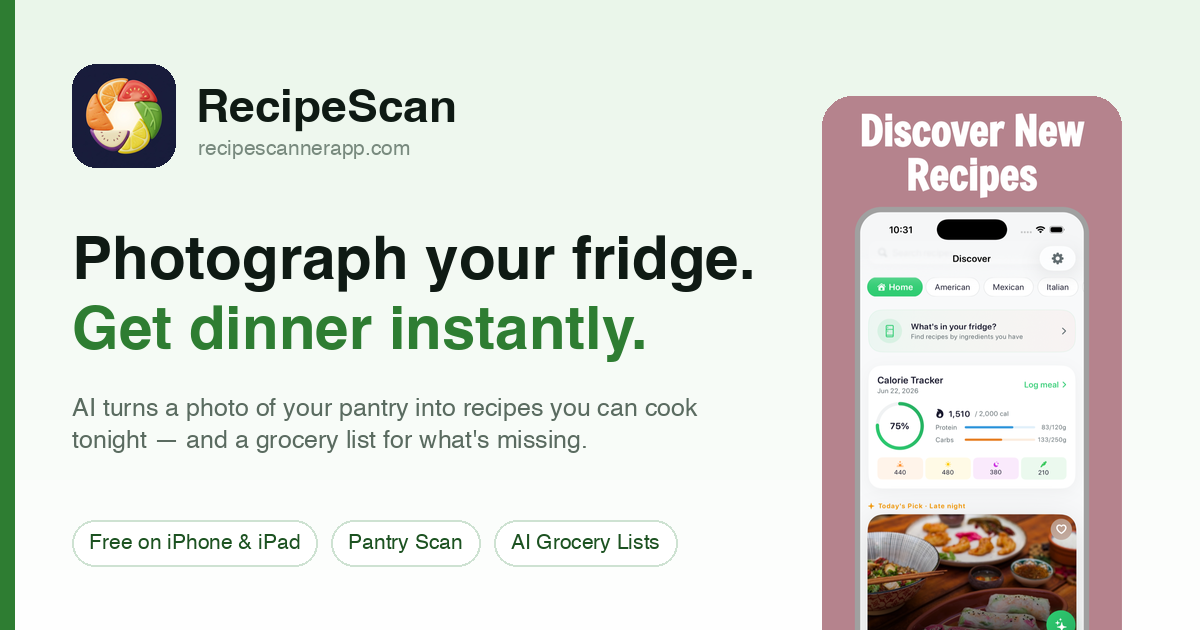 RecipeScan card: photograph your fridge and get recipes instantly. This is RecipeScan’s own image, not a screenshot of Mealime or SideChef.