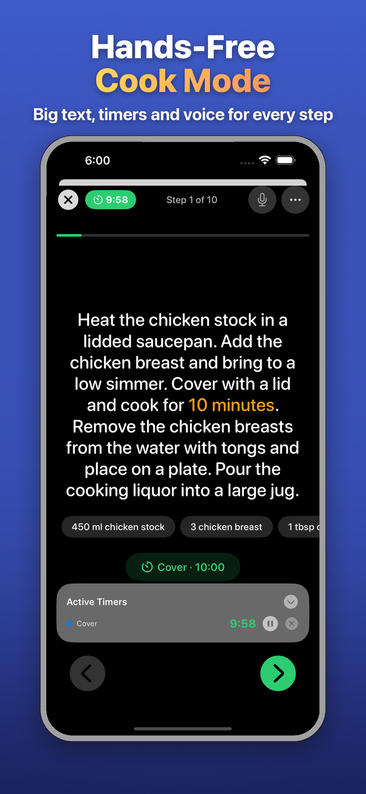 RecipeScan Cook Mode: one recipe step in large white text on a black screen, a Cover 10:00 timer button under it, and an Active Timers panel counting down