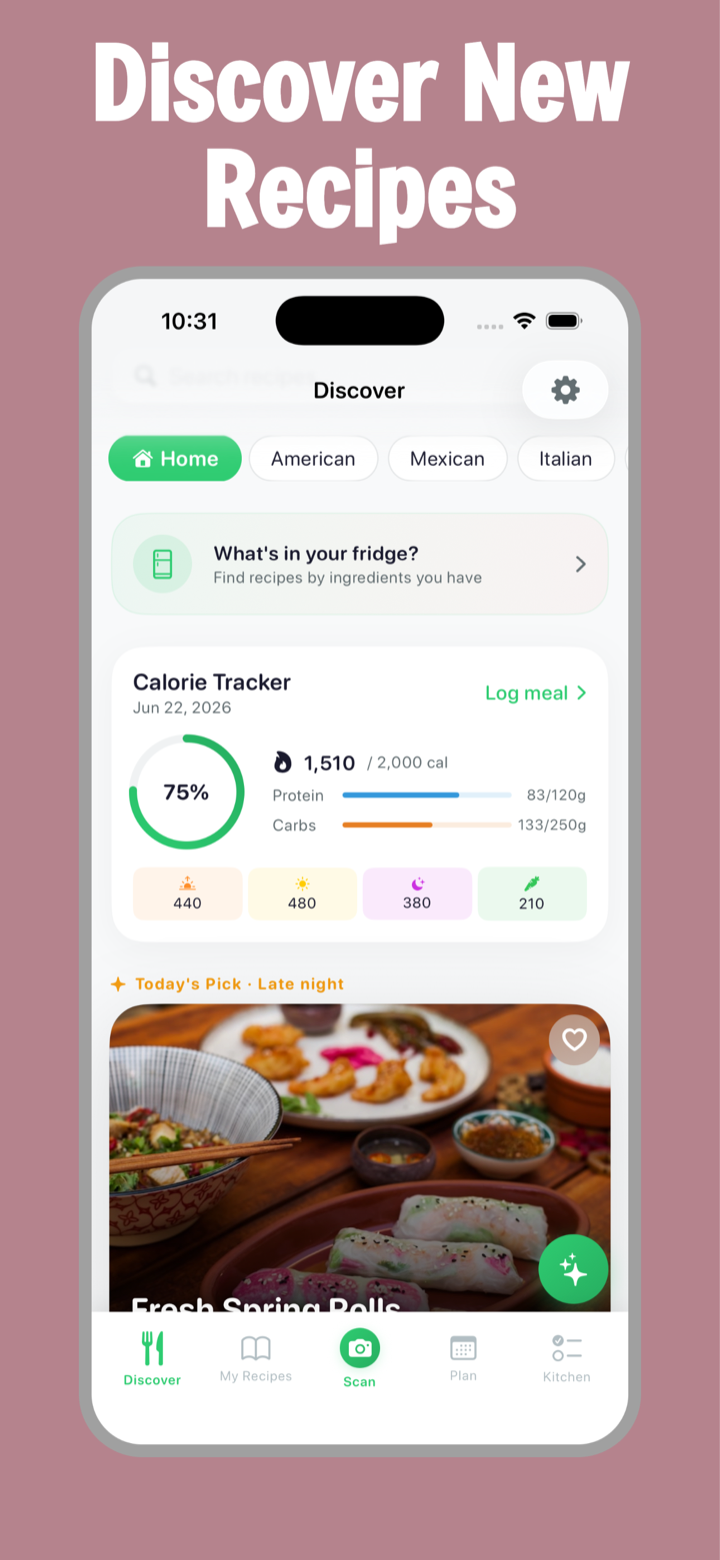 RecipeScan Discover tab with cuisine filters, a What's in your fridge shortcut, calorie tracker ring at 1,510 of 2,000 calories, and Today's Pick recipe