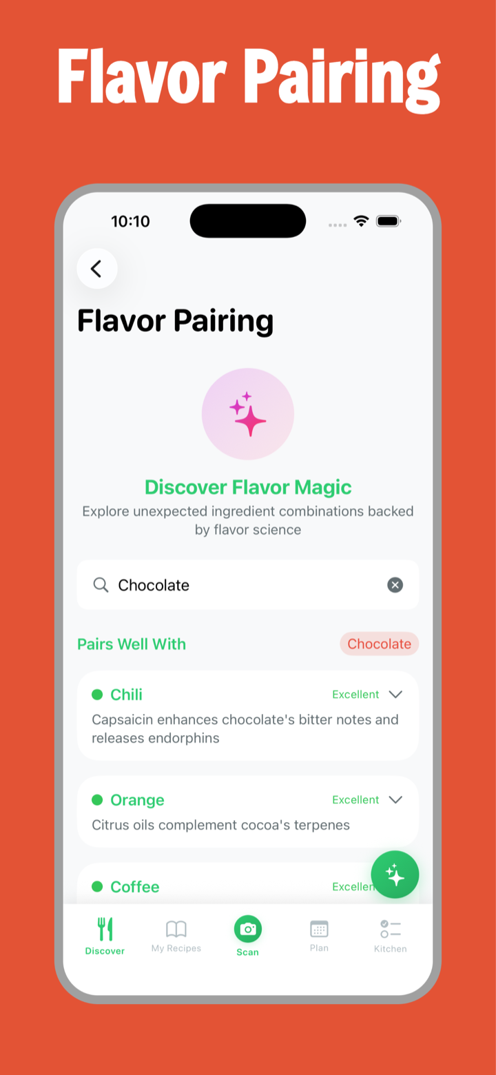 Flavor Pairing tool showing chocolate pairs excellently with chili, orange, and coffee, with flavor-science explanations