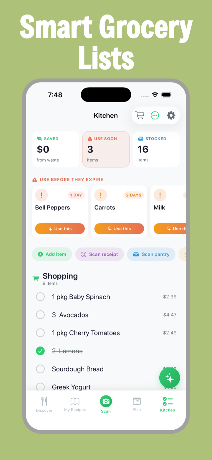 Kitchen tab showing use-before-they-expire alerts for bell peppers, carrots and milk, scan receipt and scan pantry buttons, and a shopping list with price estimates