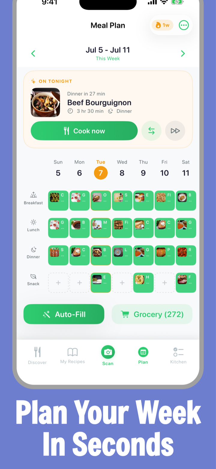 Weekly meal plan grid with breakfast, lunch, dinner and snack slots filled, an On Tonight card with Cook Now button, Auto-Fill, and a 272-item grocery list