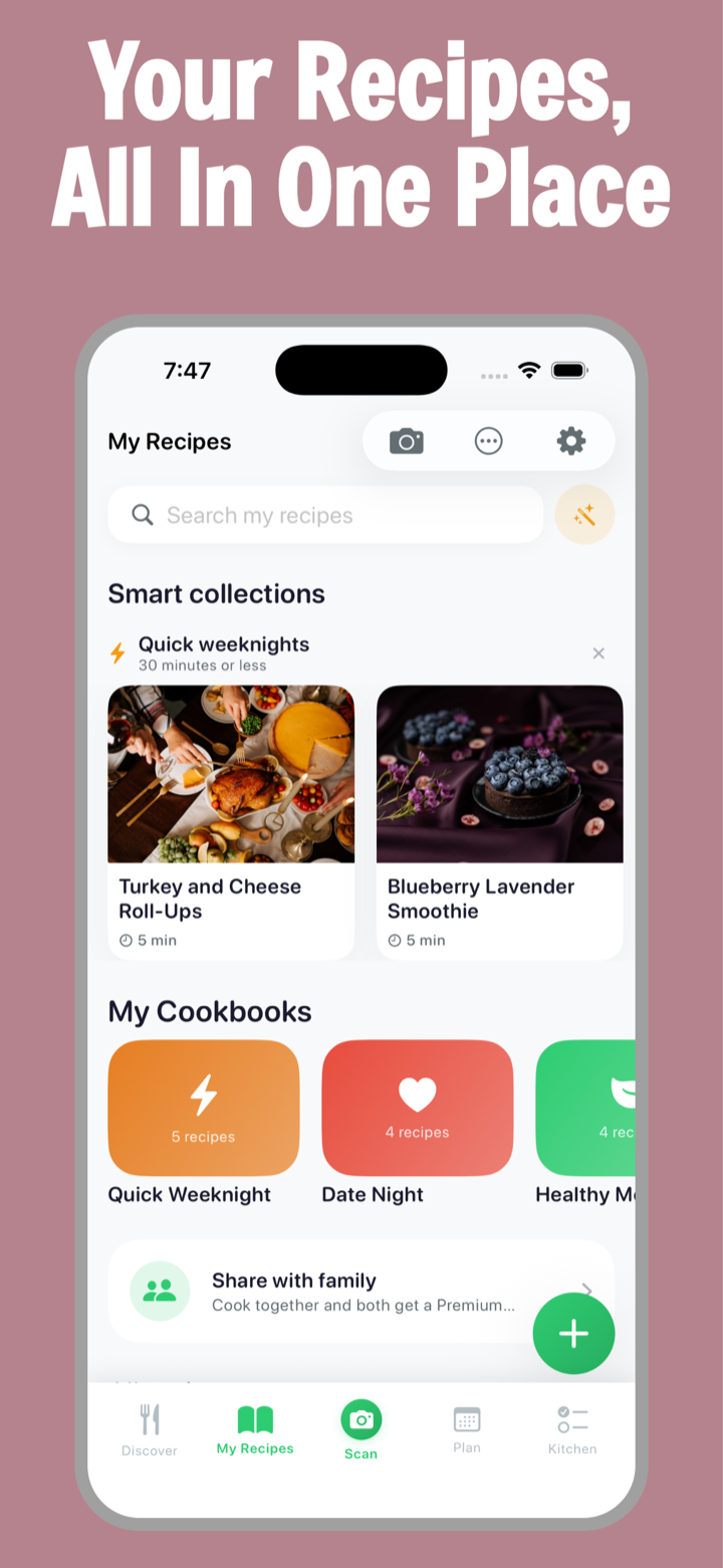 My Recipes tab with smart collections like Quick Weeknights, colorful cookbooks, AI search, and family sharing
