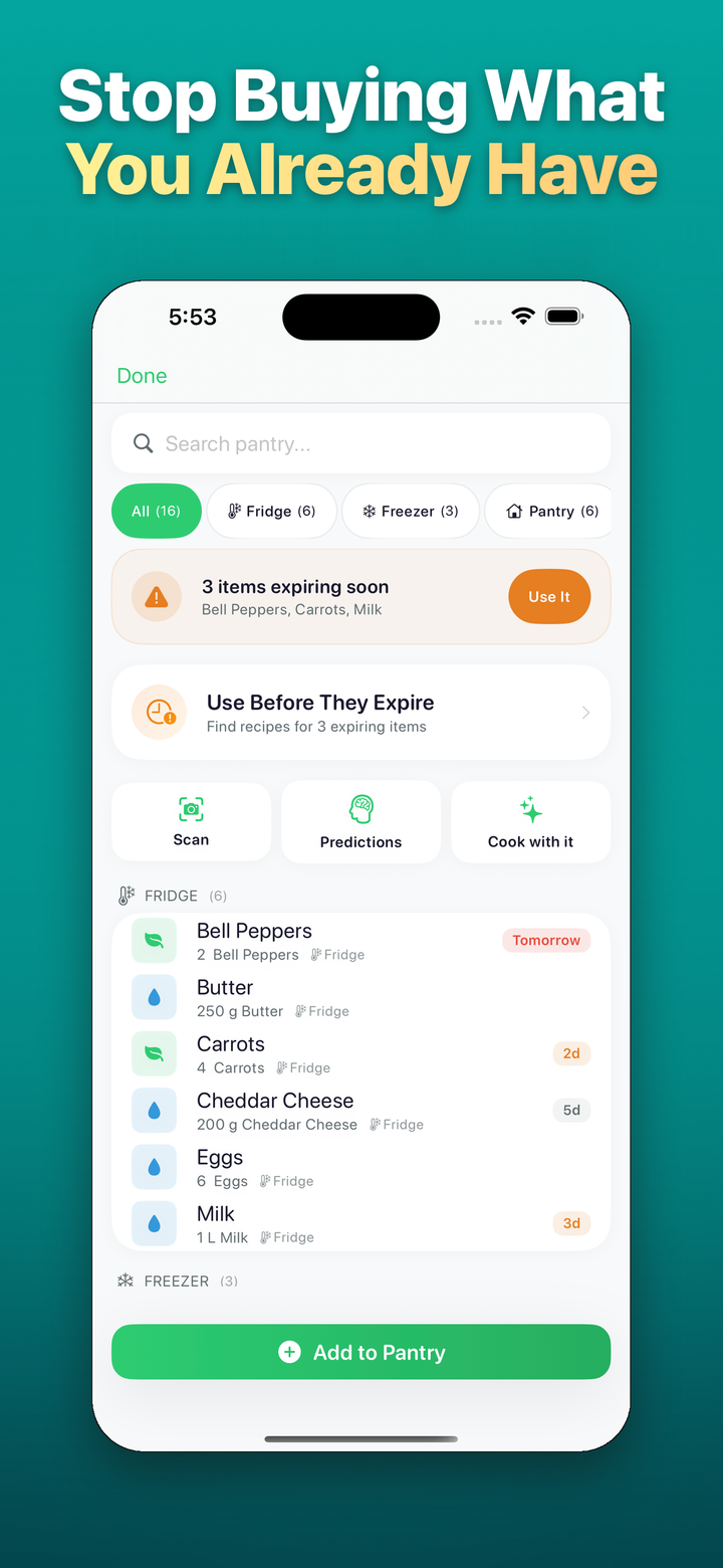 Stop Buying What You Already Have: RecipeScan's Pantry with fridge, freezer and pantry items, use-by dates and an expiring-soon card