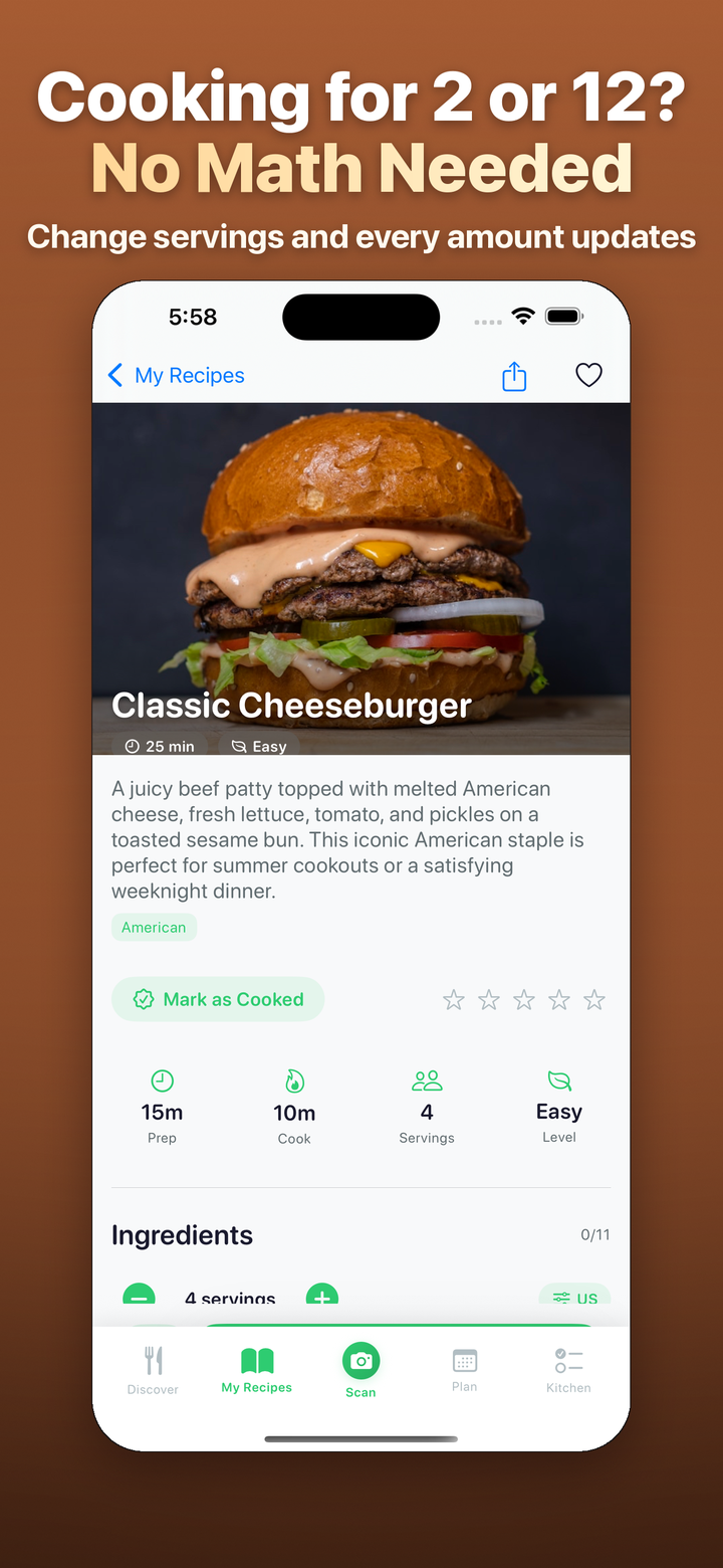 Cooking for 2 or 12? No Math Needed: a RecipeScan recipe page for a Classic Cheeseburger with prep and cook times and adjustable servings