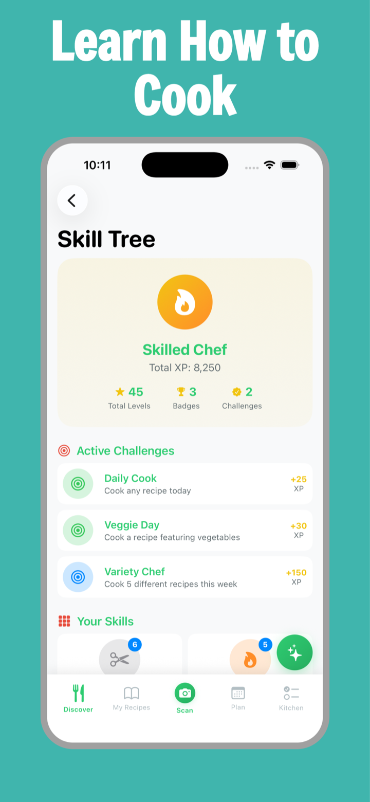 Skill Tree screen with Skilled Chef rank, 8,250 XP, 45 levels, badges, and active challenges like Daily Cook and Variety Chef