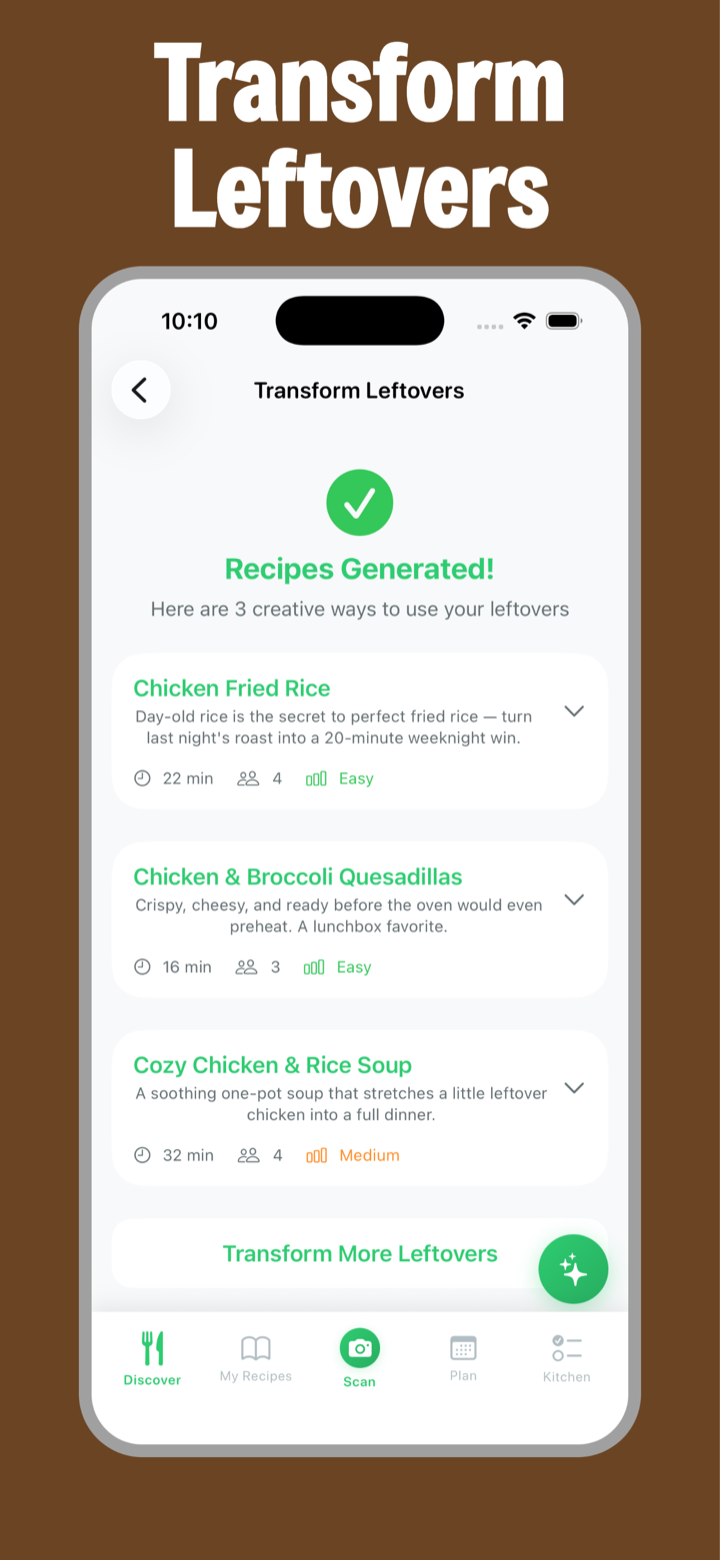 Transform Leftovers screen with three generated recipes: Chicken Fried Rice, Chicken and Broccoli Quesadillas, and Cozy Chicken and Rice Soup