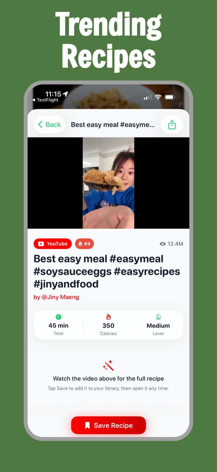 Trending recipe from YouTube ranked number 4 with 12.4 million views, playing in-app with time, calories, difficulty, and a Save Recipe button